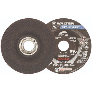 Depressed Centre Grinding Wheel, 4-1/2 in dia, 1/4 in thk, 5/8-11 in Arbor/Shank, 30 Grit, Aluminum Oxide Abrasive