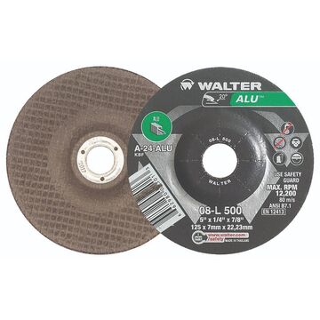 Depressed Centre Grinding Wheel, 5 in dia, 1/4 in thk, 7/8 in Arbor/Shank, 24 Grit, Aluminum Oxide Abrasive