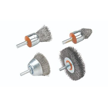 Brosse de roue montée, diamètre de brosse de 1-3/8 pouce, largeur de brosse de 1/4 pouce, arbre/tige de 1/4 pouce, diamètre de fil de 0.008 pouce, serti