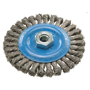 Wide Wire Wheel Brush, 5 in x 3/8 in x 5/8 in-11, Knot-twisted, Stainless Steel, 15000 rpm