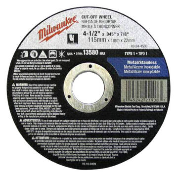 Wheel General Purpose, Type 27 Cut-off, Aluminum Oxide, 13580 Rpm, 4-1/2 In X 0.045 In