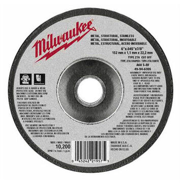 Wheel General Purpose, Type 27 Cut-off, Aluminum Oxide, 10185 Rpm, 6 In X 0.045 In
