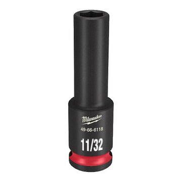 Socket Deep Length Impact, Black Phosphate Forged Steel, Square, 11/32 In, 3/8 In X 2-9/16 In, 6 Point