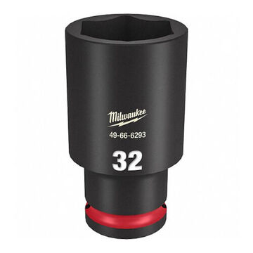 Deep Length Impact Socket, Black Phosphate Forged Steel, Square, 32 mm, 1/2 in x 3-5/64 in, 6 Point