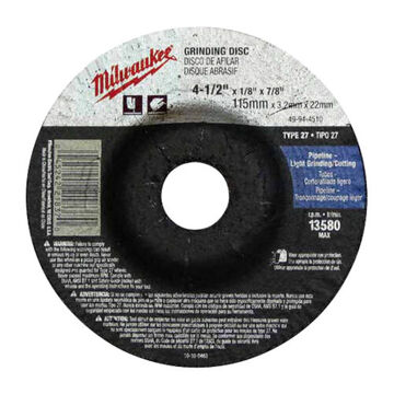 Wheel Type 27 Grinding, 13580 Rpm, Aluminum Oxide, 4-1/2 In X 1/8 In, Very Coarse, 10/pack