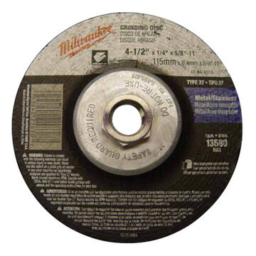 Wheel Type 27 Grinding, 13580 Rpm, Aluminum Oxide, 4-1/2 In X 1/4 In, A24r