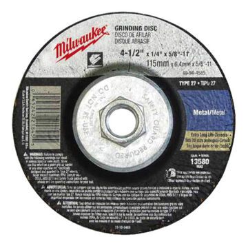 Wheel Type 27 Grinding, 13580 Rpm, Aluminum Oxide, 4-1/2 In X 1/8 In, Very Coarse, 5/pack
