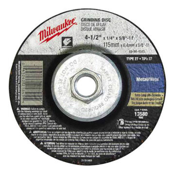 Type 27 Grinding Wheel, 13580 rpm, Silicon Carbide, 4-1/2 in x 1/4 in, Very Coarse