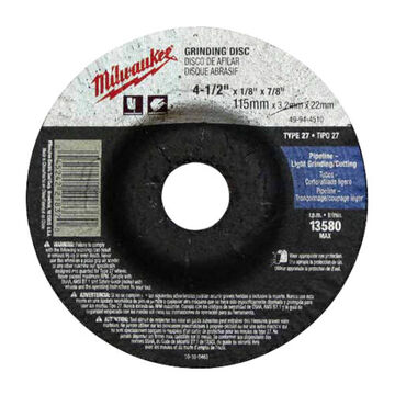 Wheel Type 27 Grinding, 13580 Rpm, Zirconia Alumina, 4-1/2 In X 1/4 In, Coarse