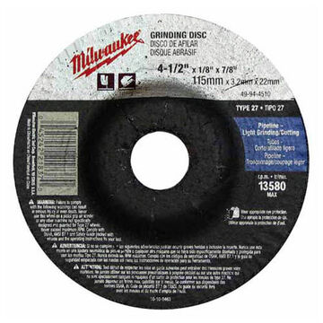 Wheel Type 27 Grinding, 12225 Rpm, Aluminum Oxide, 5 In X 1/4 In, Very Coarse