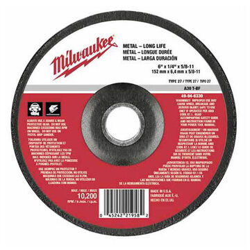 Wheel Type 27 Grinding, 10185 Rpm, Aluminum Oxide, 6 In X 1/4 In, 5/8 In-11, Very Coarse