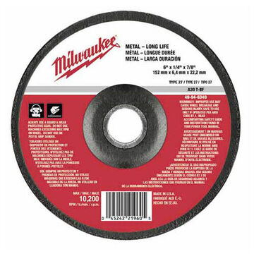 Wheel Type 27 Grinding, 10185 Rpm, Aluminum Oxide, 6 In X 1/4 In, 7/8 In, Very Coarse