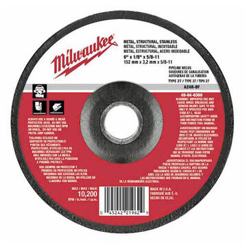 Wheel Type 27 Grinding, 10185 Rpm, Aluminum Oxide, 6 In X 1/8 In, Coarse