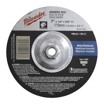 Wheel Type 27 Grinding, 8600 Rpm, Aluminum Oxide, 7 In X 1/4 In, A24r