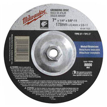 Wheel Type 27 Grinding, 8600 Rpm, Aluminum Oxide, 7 In X 1/4 In, Very Coarse