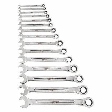 Ratcheting Combination Wrench Set, Ergonomic I-Beam Handle, Chrome Alloy Steel, 15 in