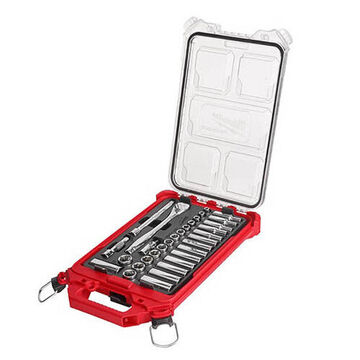 Ratchet and Socket Set, Vanadium Steel, 3/8 in Drive, 32 Pieces