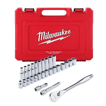 Ratchet and Socket Set, Alloy Steel, 1/2 in Drive, 28 Pieces