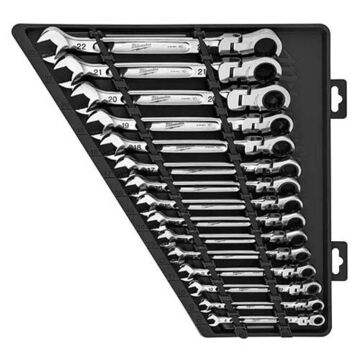 Flex Head Ratcheting Combination Wrench Set, Ergonomic I-Beam Handle, Chrome Plated Vanadium Steel, 16.75 in