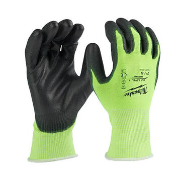 High Visibility Safety Gloves, Small, Polyurethane, Polyester Blend, Polyurethane, Elastic, Black Glove, Lime Yellow, White Cuff, Smooth, 9.8 in