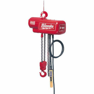 Professional Electric Chain Hoist, 10 ft, 115 to 230 VAC, 1 HP, 2 ton Capacity, Aluminum, Red, Black, White