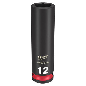 Deep Length Impact Socket, 3/8 in Drive, 12 mm Socket, 2.56 in lg, Forged Steel