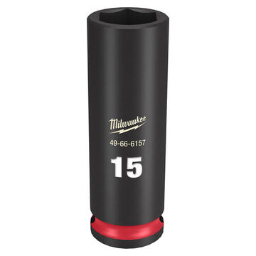 Deep Length Impact Socket, 3/8 in Drive, 15 mm Socket, 2.56 in lg, Forged Steel