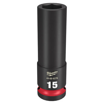 Deep Length Impact Socket, 1/2 in Drive, 15 mm Socket, 3.07 in lg, Forged Steel