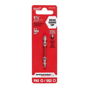 Bit Impact Double Ended Screwdriver, No. 2, 2-3/8 In Lg, Phillips/square Point, Alloy Steel