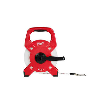 Measuring Tape Open Reel Long, Black, Red, Fiberglass, 1/2 In Wd, 200 Ft Lg Blade
