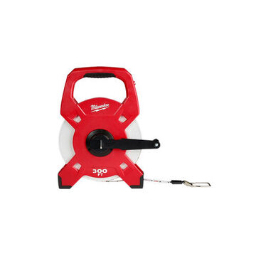 Measuring Tape Open Reel Long, Black, Red, Fiberglass, 1/2 In Wd, 300 Ft Lg Blade