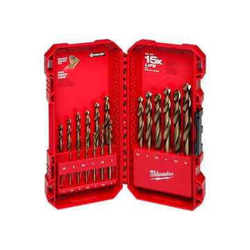 Drill Bit Set Extreme Durability, Cobalt, Titanium Nitride High Speed Steel, 135 Deg, 19 Pieces