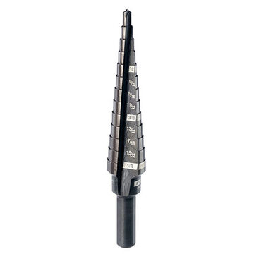 Jam-Free Step Drill Bit, 1/8 to 1/2 in, 13 Steps, 3-Flat Reduced Shank, High Speed Steel