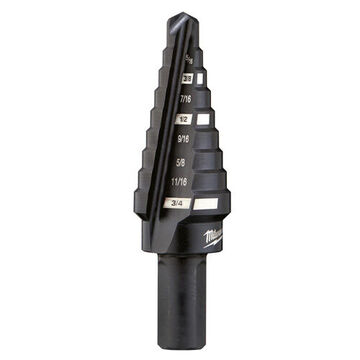 Jam-Free Step Drill Bit, 3/4 to 1/4 in, 9 Steps, 3-Flat Reduced Shank, High Speed Steel