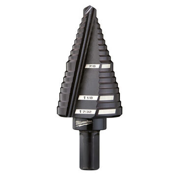 Jam-Free Step Drill Bit, 1-7/32 to 7/8 in, 13 Steps, 3-Flat Reduced Shank, High Speed Steel
