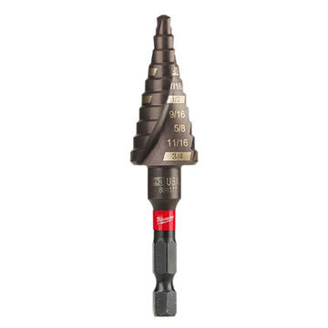 Impact-Duty Step Drill Bit, 3/4 to 3/16 in, 10 Steps, Hex Shank, High Speed Steel