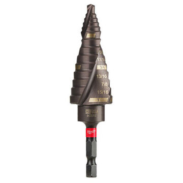 Impact-Duty Step Drill Bit, 1 to 1/8 in, 9 Steps, Hex Shank, High Speed Steel