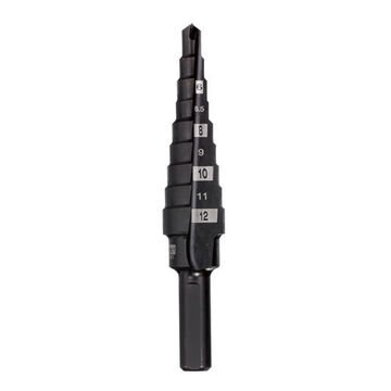 Impact-Duty Step Drill Bit, 4 to 12 mm, 9 Steps, Hex Shank, High Speed Steel
