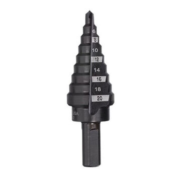 Jam-Free Step Drill Bit, 4 to 20 mm, 9 Steps, 3-Flat Shank, High Speed Steel