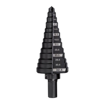 Jam-Free Step Drill Bit, 5 to 32.5 mm, 13 Steps, 3-Flat Shank, High Speed Steel