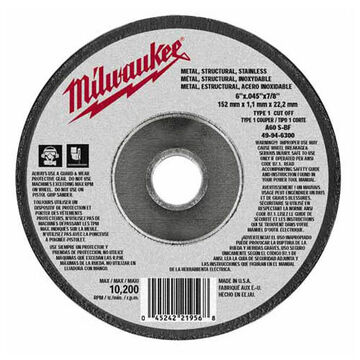 Wheel Cut-off, 6 In Dia X 0.045 In Thk, 7/8 In Arbor, A60t, Aluminum Oxide, 10185 Rpm