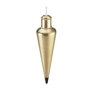 Solid Plumb Bob, Brass, Extra Hardened Steel Tip, Lacquered, 1-3/4 in Dia, 7-1/2 in lg