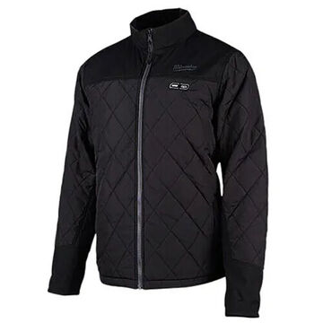 Heated Jacket, Polyester, L, Black, Zipper Closure, Water, Wind Resist