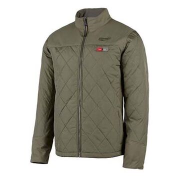 Heated Jacket Kit, Polyester, Men, Medium, Olive Green, Zipper Closure, Water, Wind Resist