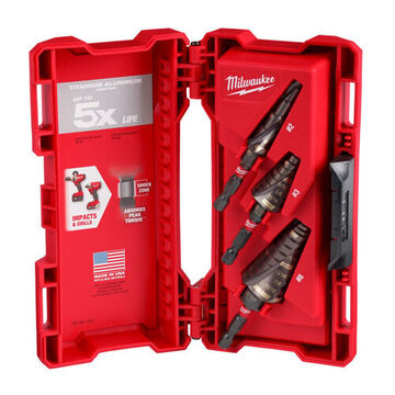 Mechanical Step Drill Bit Set, Titanium Aluminum Nitride High Speed Steel, 3 Pieces