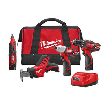 Cordless Tool Combo Kit, 3/8 in Drill, 12 V, 3/8 In Chuck, Lithium-Ion, Black/Red