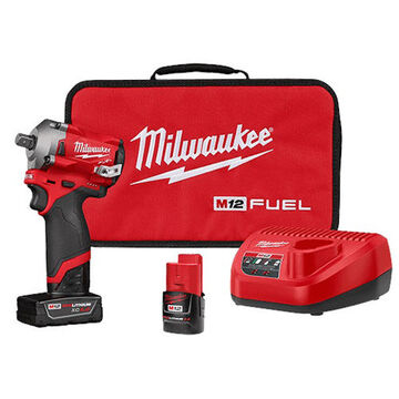 Stubby Cordless Impact Wrench Kit, 1/2 in Drive, 250 ft-lb, 2700 rpm, 12 VDC, Metal and Plastic, 2-3/8 in wd