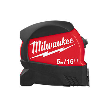 Tape Measure Compact Wide Blade, Steel Blade, Automatic Rewind, Slide Lock, Closed Case, Abs Case Material, Black, Red Color, 1-1/8 In X 16 Ft