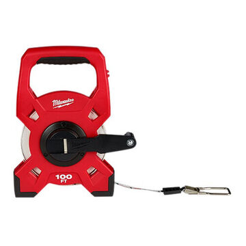 Tape Measure, Fiberglass Blade, Manual Rewind, Extra Large Hook, Open Case, ABS Case Material, Black, Red Case Color