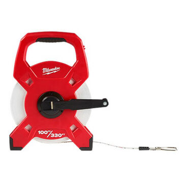 Measuring Tape Open Reel, Black, Red, Fiberglass, 300 Ft